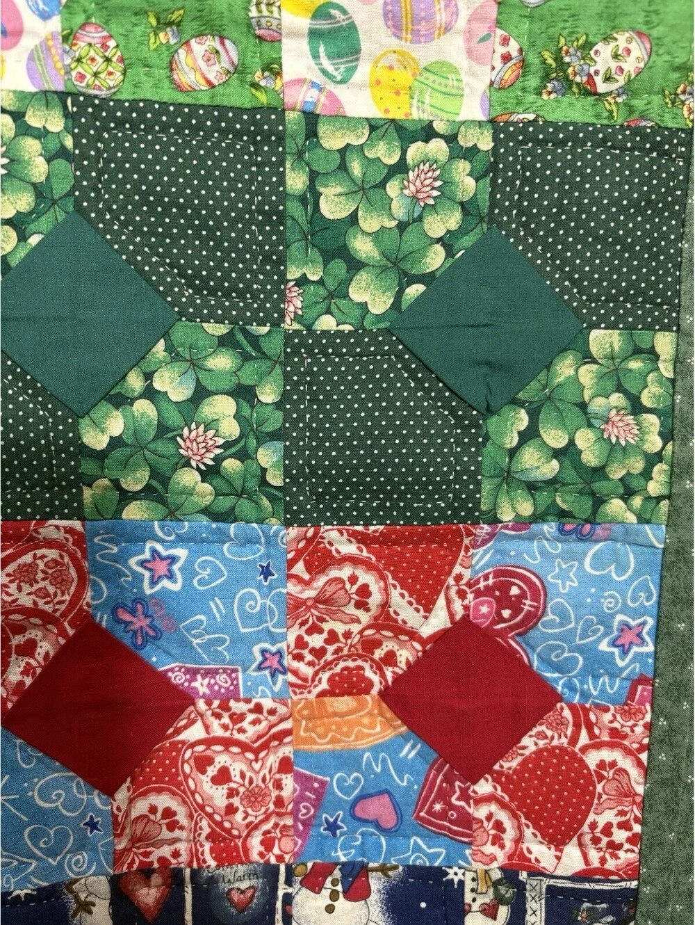 Vintage Handmade Holiday Sampler Patchwork Quilt 43x42 Christmas Halloween USA